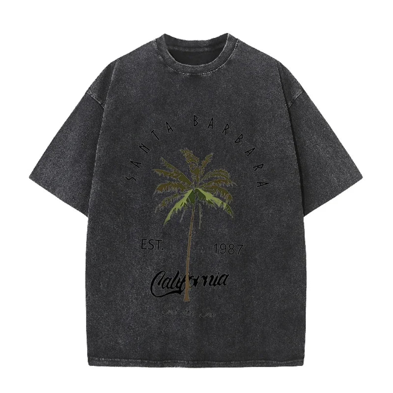 Vintage Palm Tree Print T Shirt Santa Barbara Retro Washed Cotton Tee