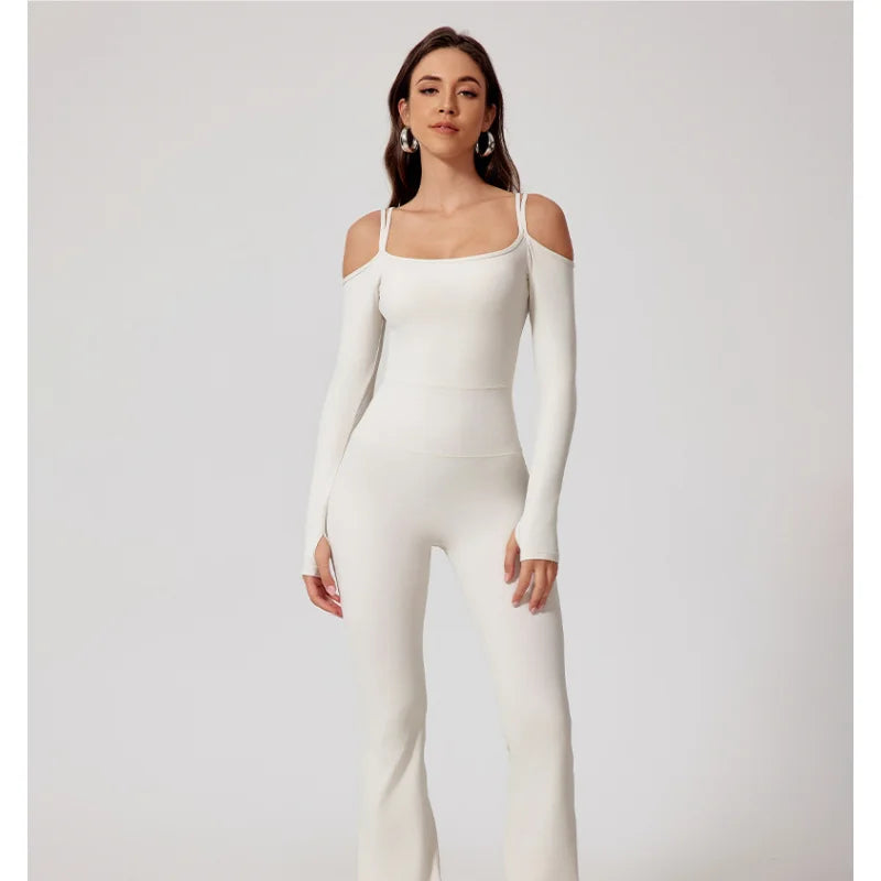 Women's Cold Shoulder Nylon Blend Workout Jumpsuit with Long Sleeves and Flared Legs