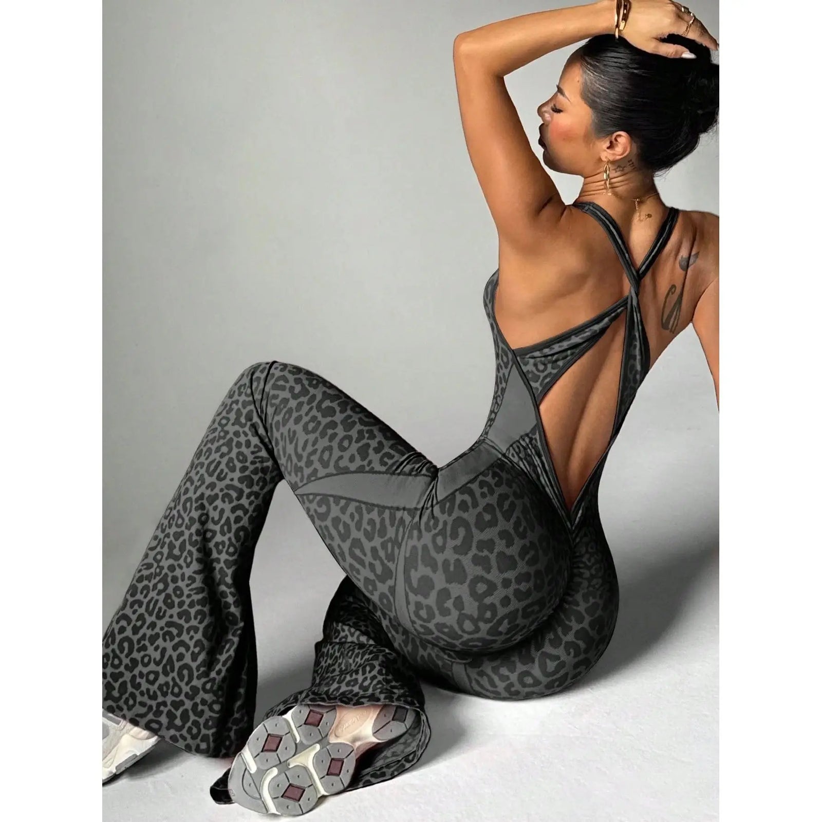 Women's Leopard Print Polyester Workout Jumpsuit with Flared Full Length Legs