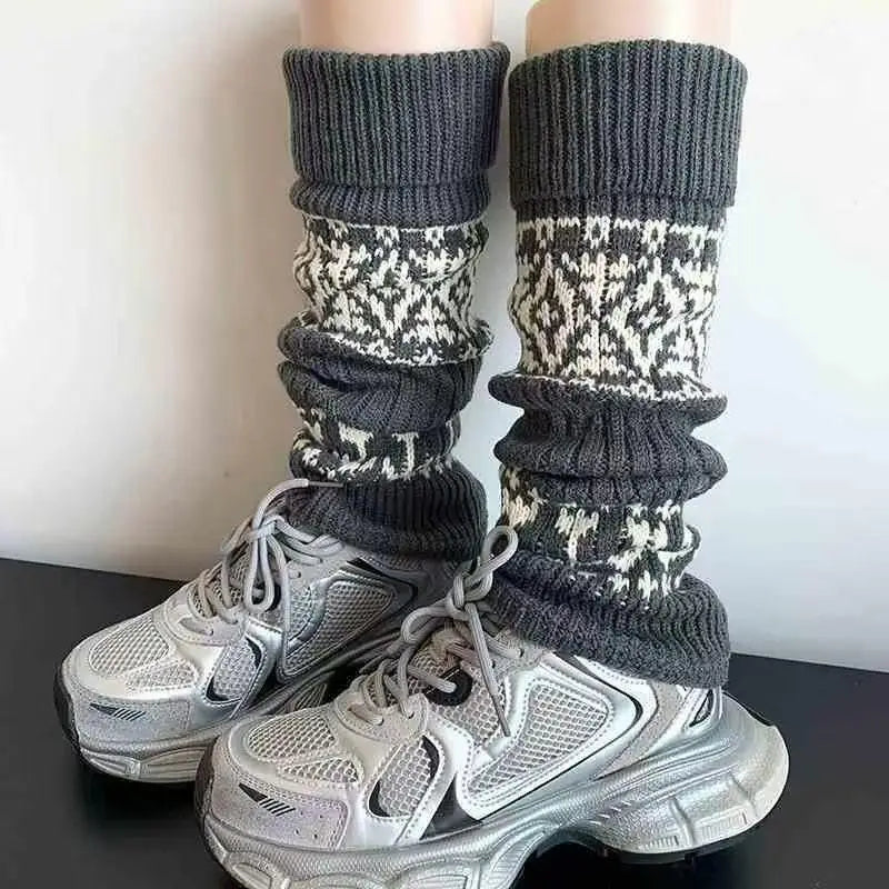 Patterned Knit Leg Warmers with Foldable Ribbed Cuffs