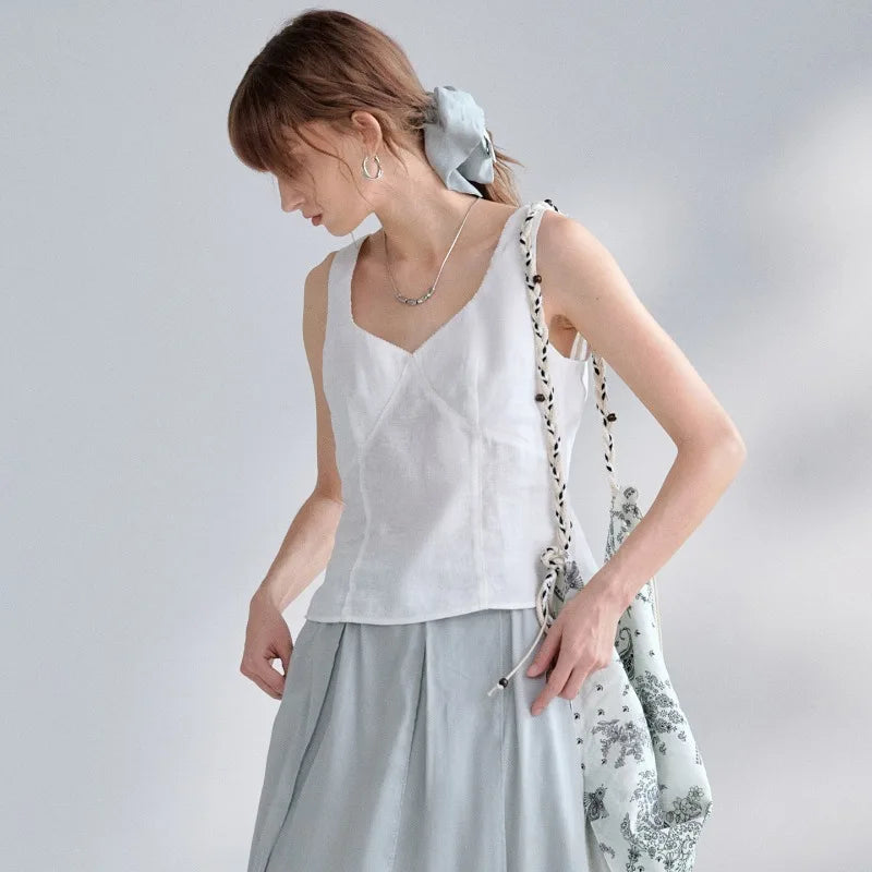 Women's Linen Sleeveless V-Neck Cropped Tank Top with Zipper Detail for Summer