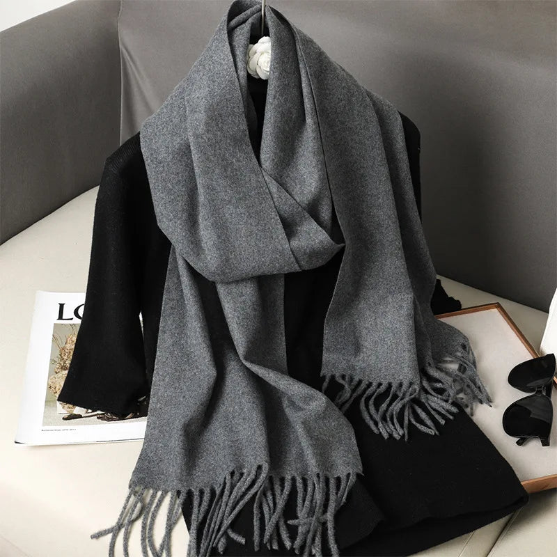 Solid Long Rectangular Scarf with Decorative Fringe Trim