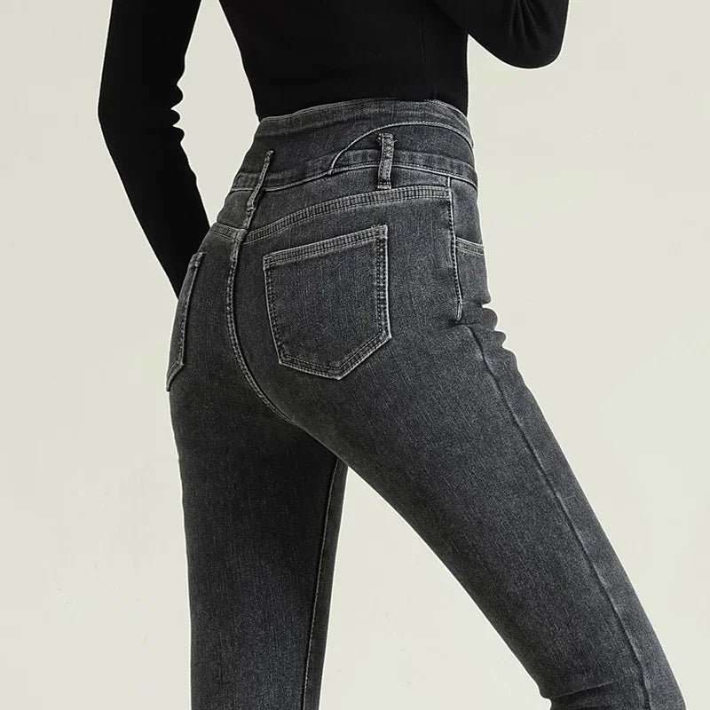 Women's Multiple Button Blue Flared Leg Denim Jeans