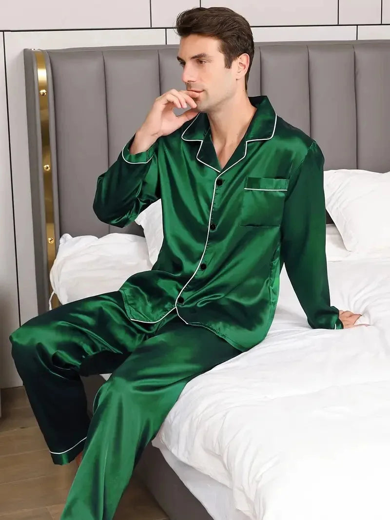 Men's Satin Look Button Front Shirt and Pants Pajama Set