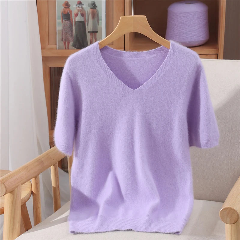 Women's V Neck Short Sleeve Sweater Casual Knit Layer