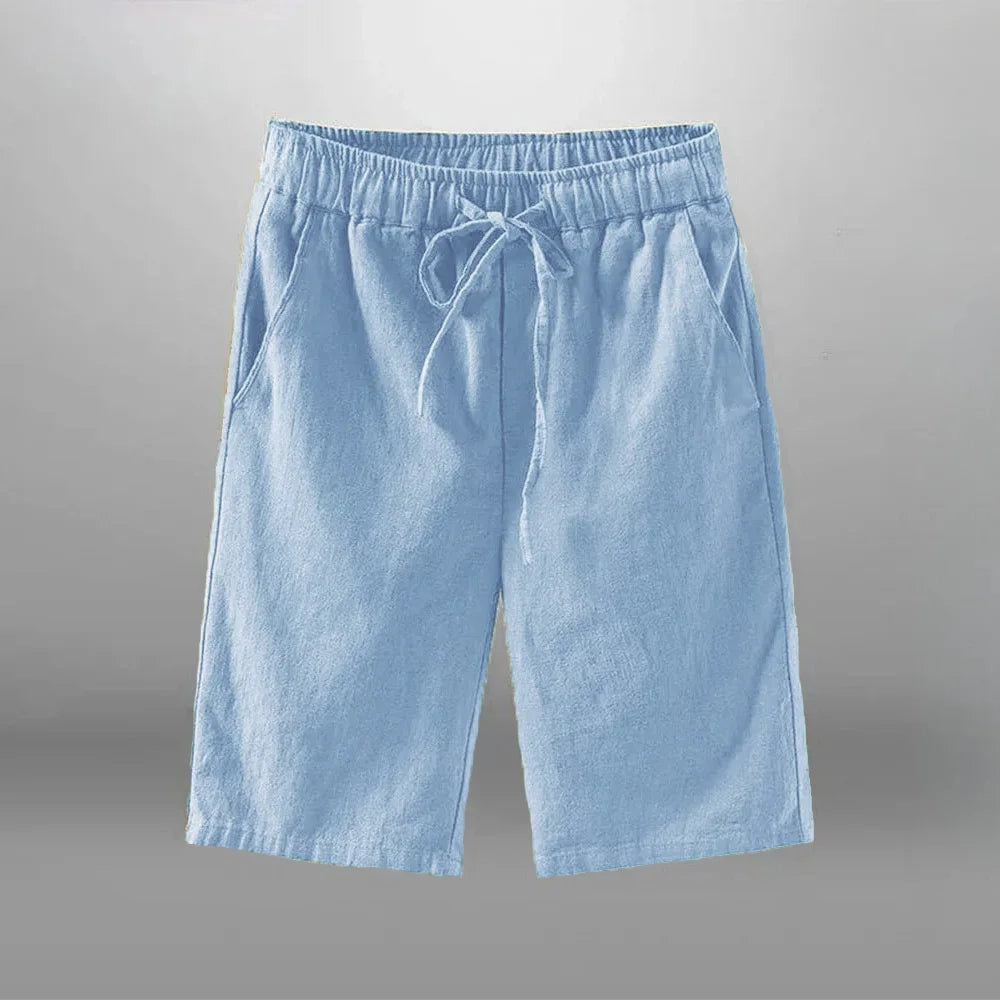 Men’s Cotton-Linen Knee-Length Drawstring Shorts with Pockets and Regular Fit