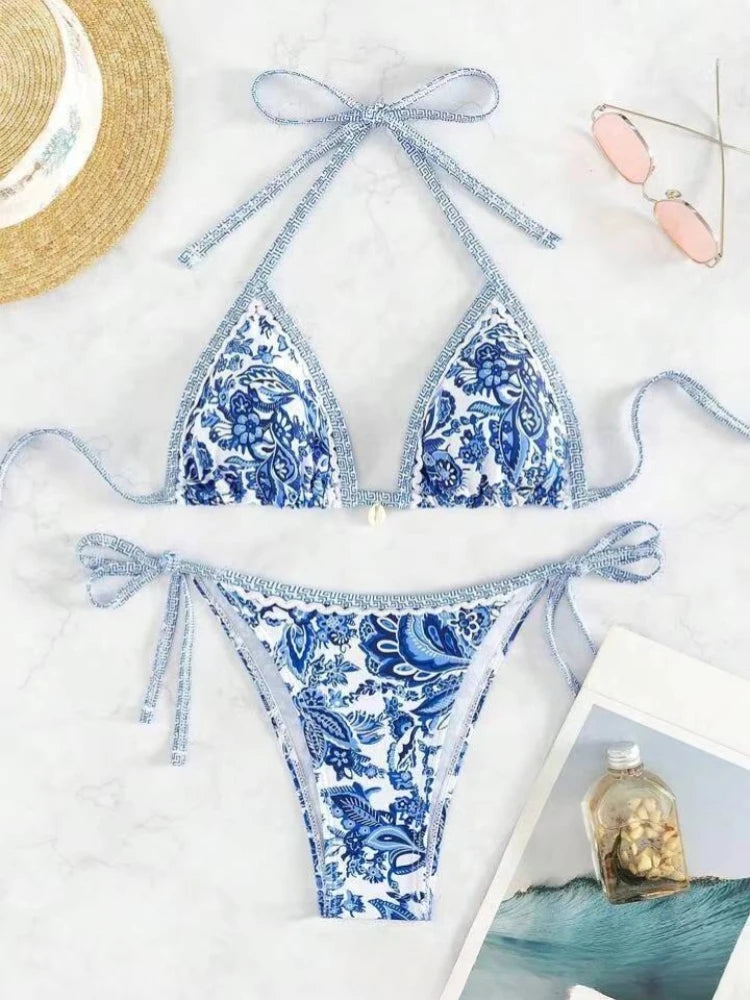 Printed Halter Triangle Bikini