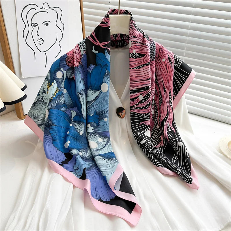 Printed Large Square Scarf with Decorative Border Designs