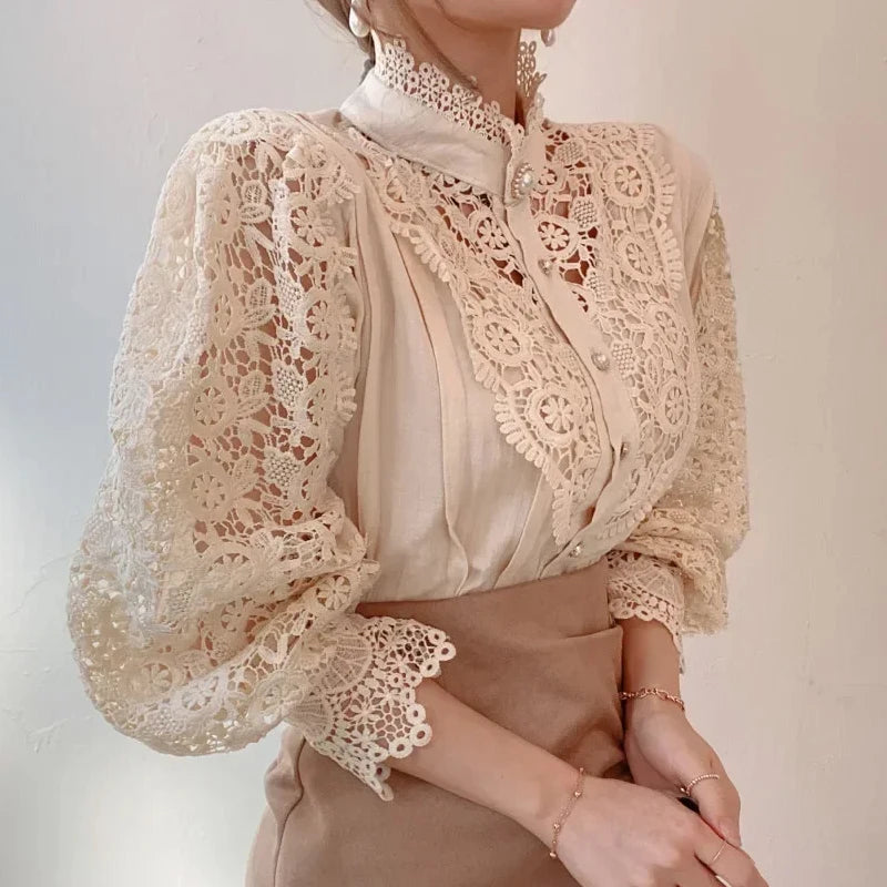 Women's Lace Stand Collar Long Sleeve Button Front Blouse