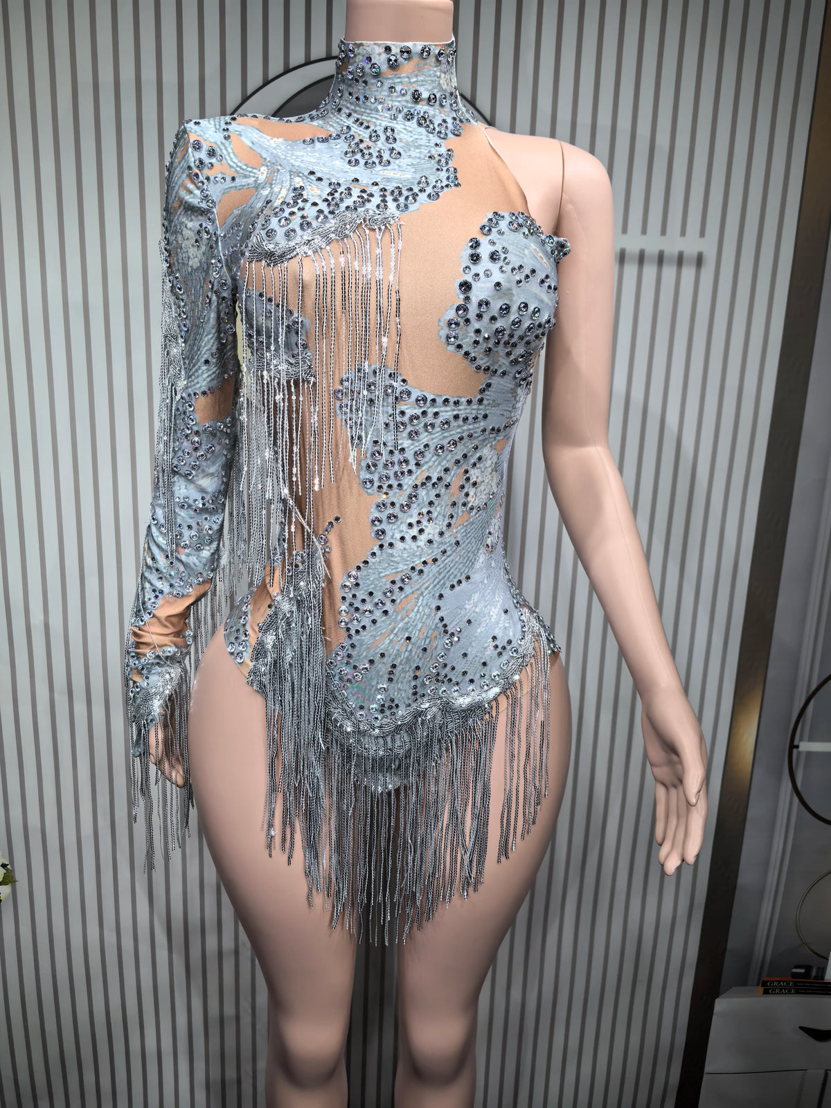 Women's Asymmetric Rhinestone Fringe Dance Bodysuit for Stage Performance Outfits