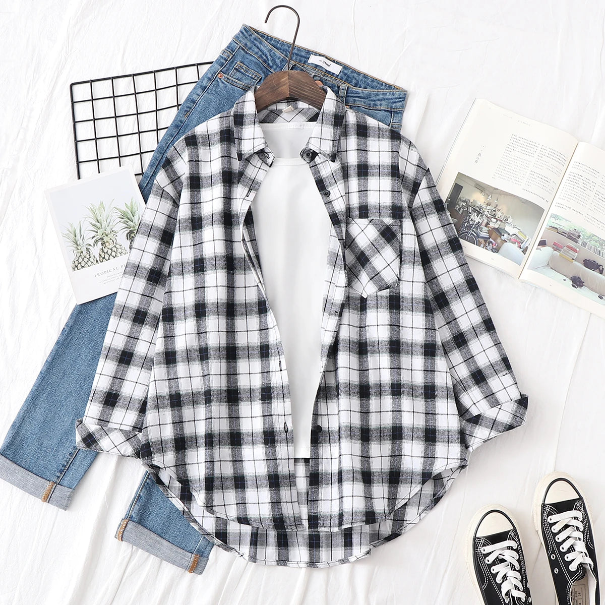 Women's Checked Collared Long Sleeve Shirt