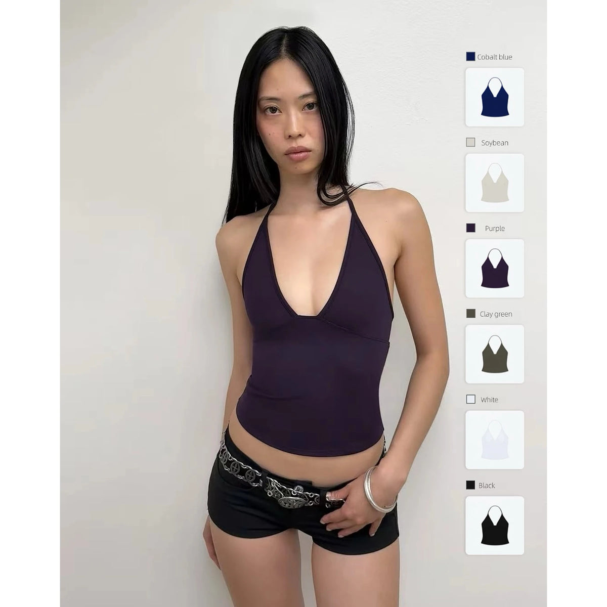 Women's Halter Neck Cotton Crop Top with Deep V Neck and Open Back