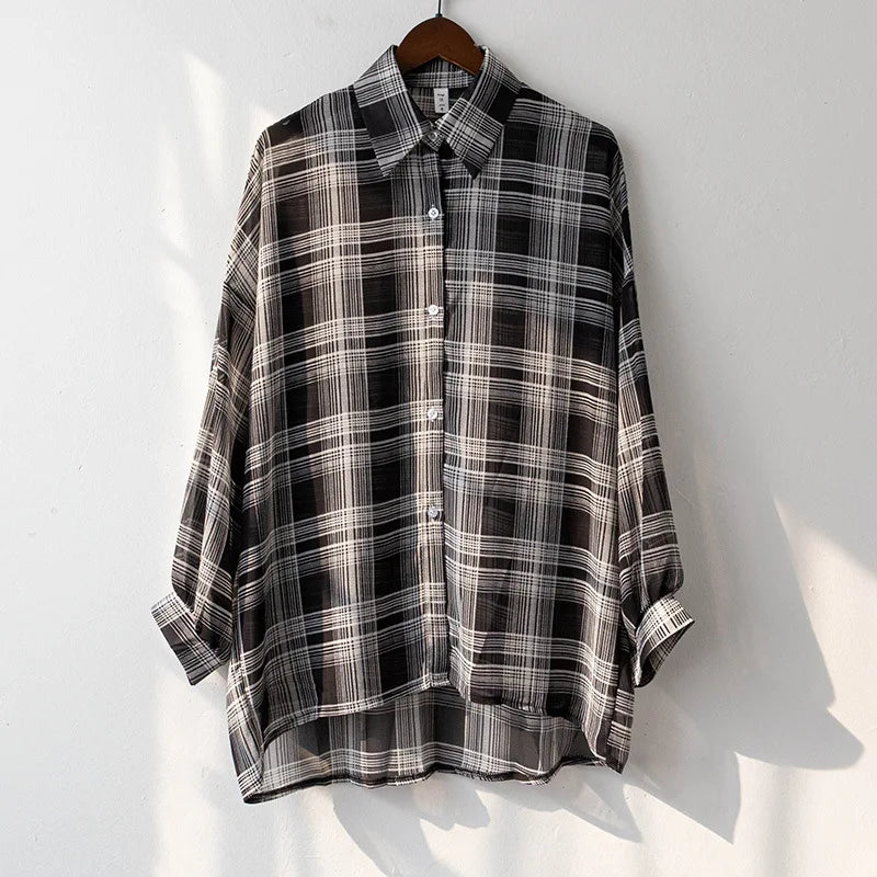 Women's Sheer Checked Short Sleeve Button Front Shirt