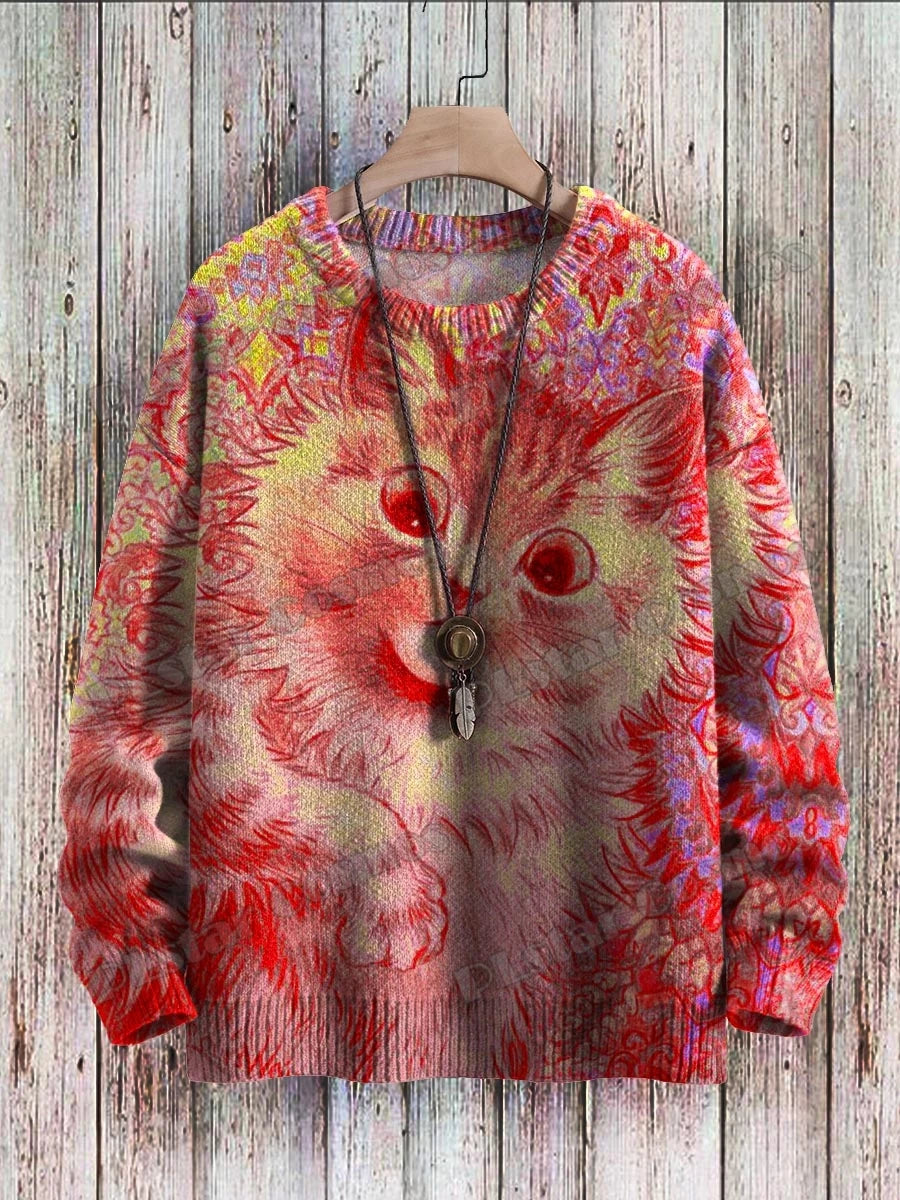 Men's Cat Print Crew Neck Long Sleeve Sweater