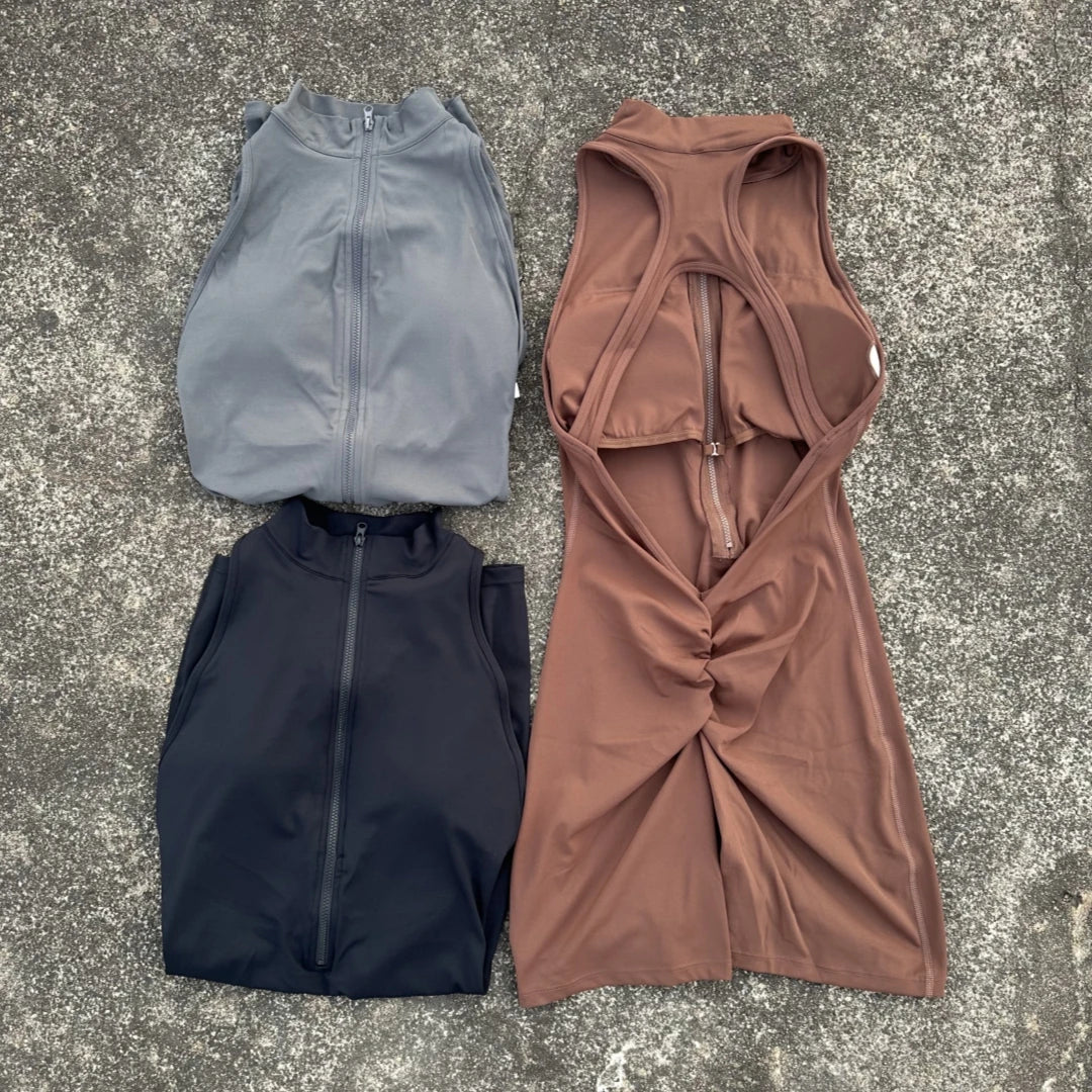Women's Zip Front Nylon Blend Workout Romper with Stand Collar and Racerback