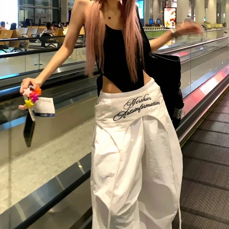 Women's White Wide Leg Cargo Pants with Embroidered Waist Detail