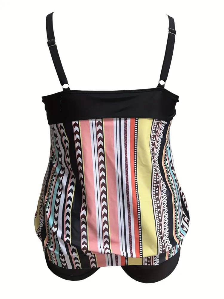 Women's Striped Tankini Top and Solid Shorts Swim Set