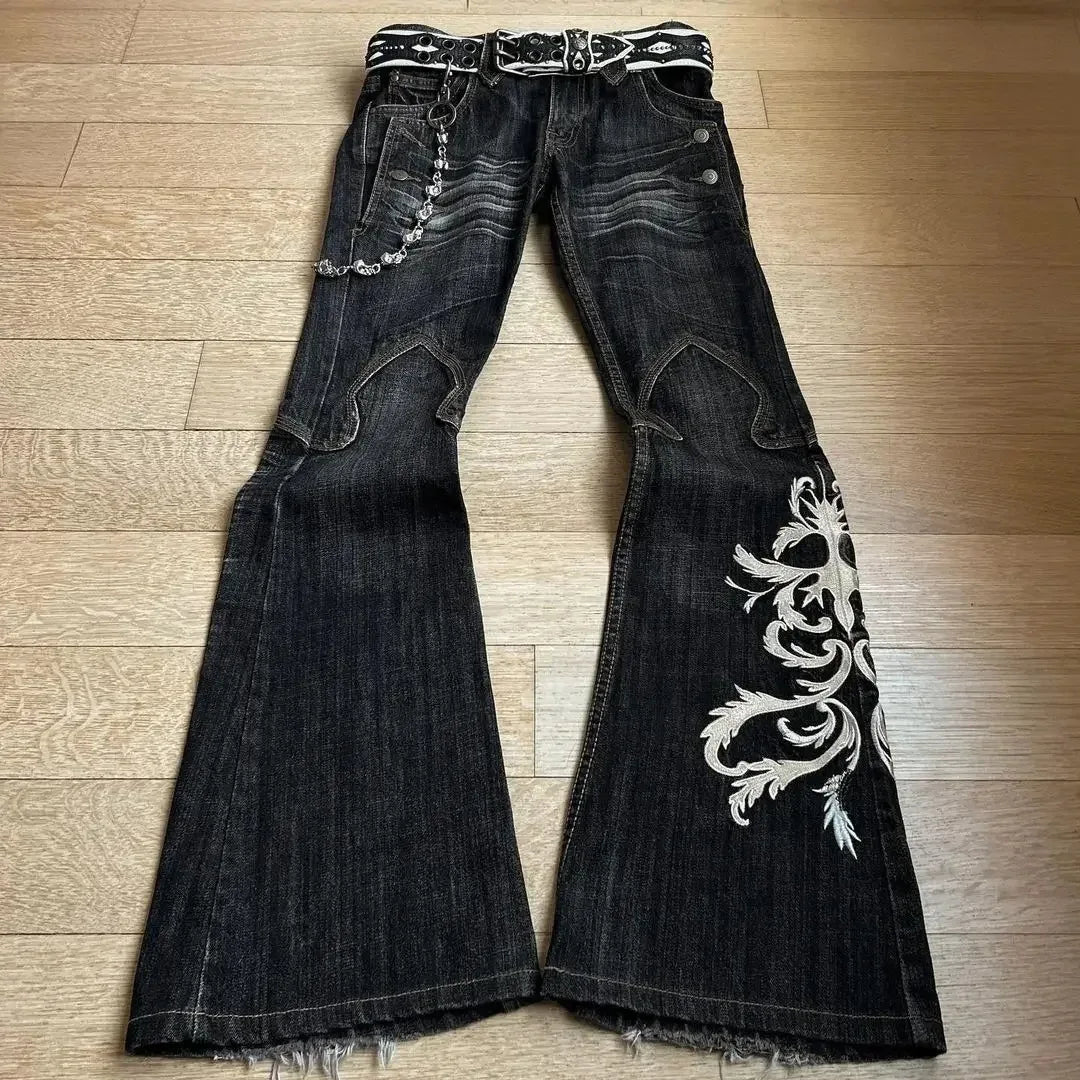 Women's Black Embroidered Flared Leg Denim Jeans For Everyday Outfits