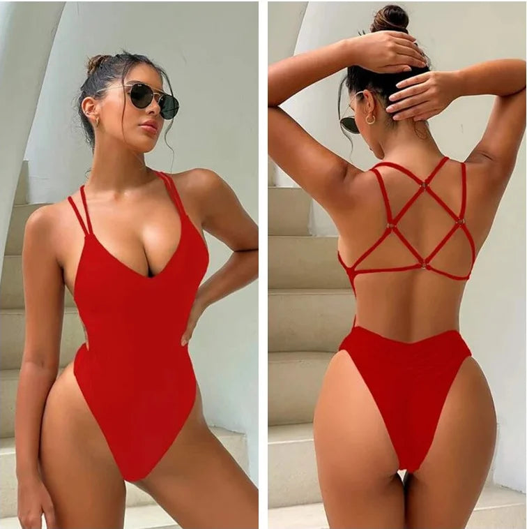Women's Strappy Cross Back Plunge Neck One Piece Swimsuit