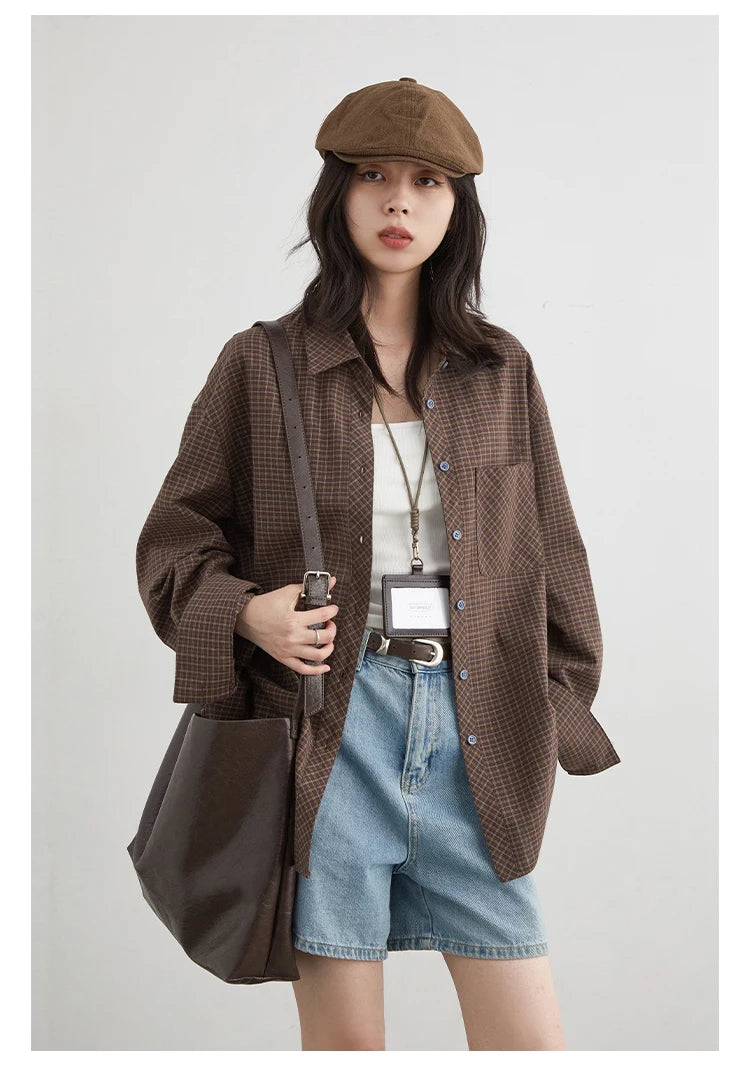 Women's Checked Long Sleeve Shirt with Plain Colour Options