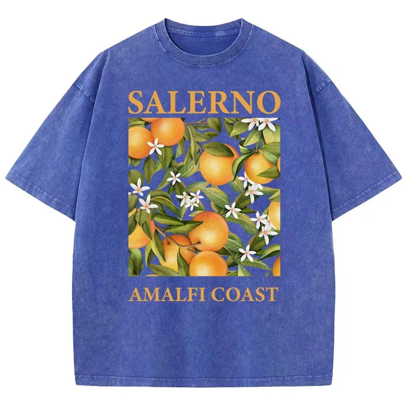 Fresh Orange Design Men's Washed Short Sleeve T-shirt Summer Casual Hip Hop Top Loose Cotton Short Sleeve