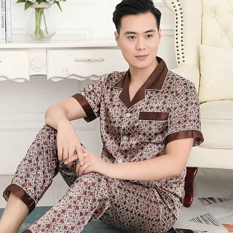 Men's Printed Lapel Button Front Shirt and Pants Pajama Set