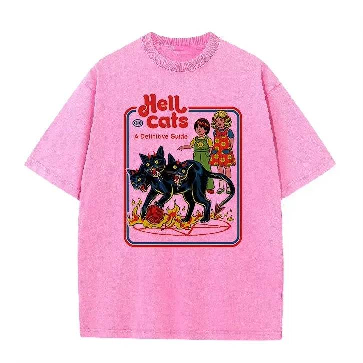 Purple Acid Wash Hell Cats Graphic Casual Retro Streetwear Tee