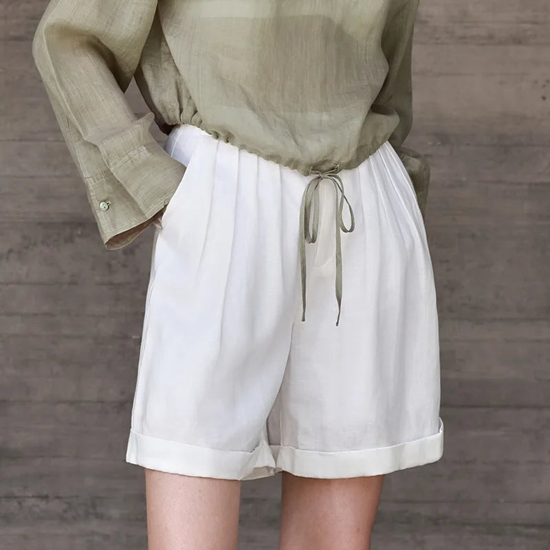 Women's Linen-Viscose High-Waist Loose Shorts with Side Pockets and Zipper Fly Closure