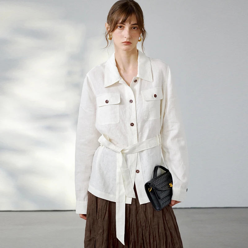 Women's Linen Long-Sleeve Collared Button-Front Jacket with Drawstring Waist and Front Pockets