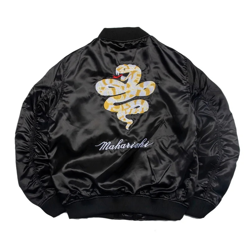 Zip Up Snack Back Embroidered Casual Loose Style Crew Neck Satin Bomber Jacket for Men Women