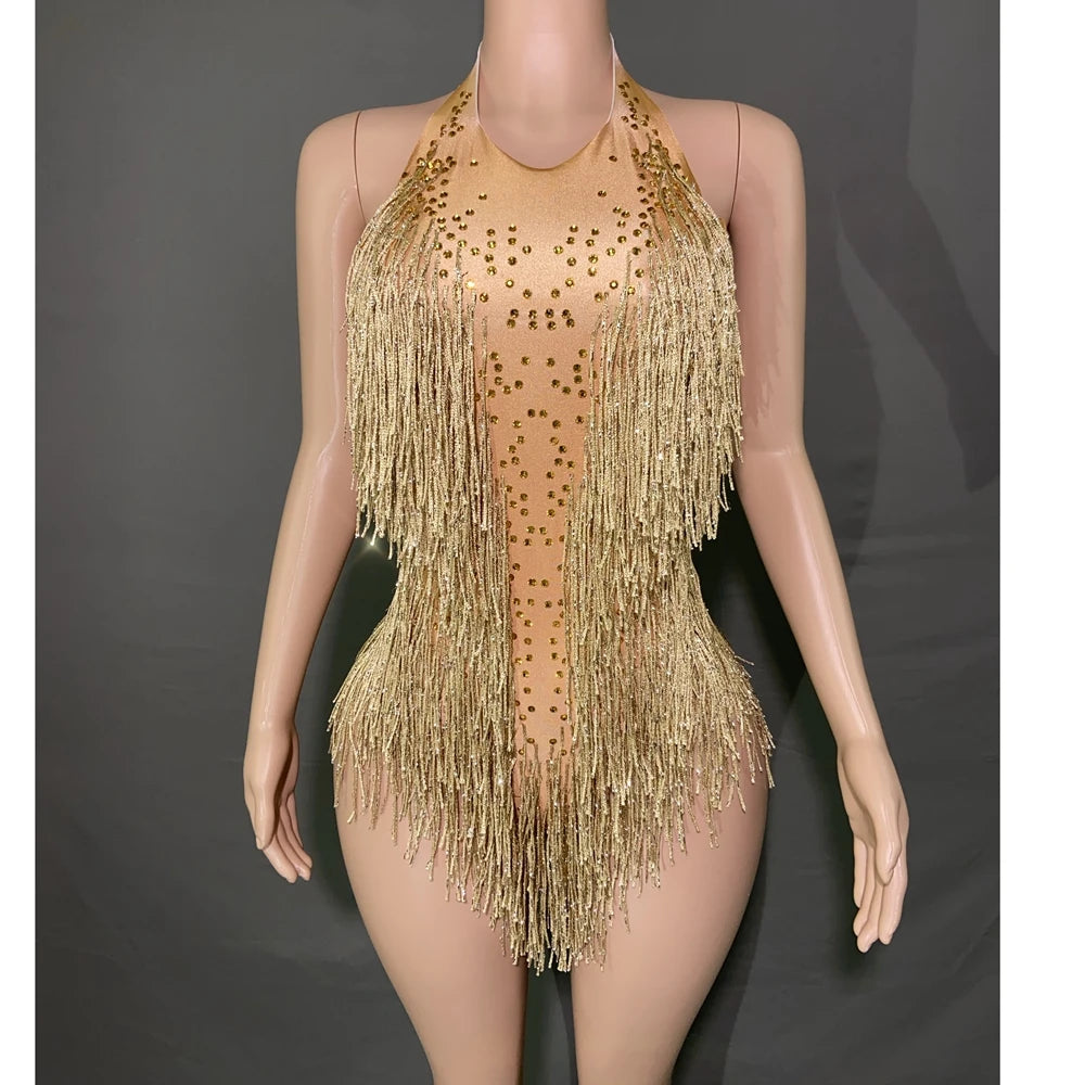 Women's Rhinestone Fringe Halter Dance Bodysuit for Stage Costume Outfits