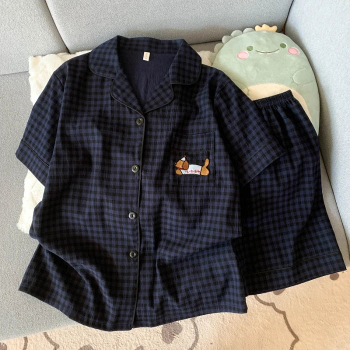 Women's Dog Motif Checked Button Front Pajama Set with Top and Shorts