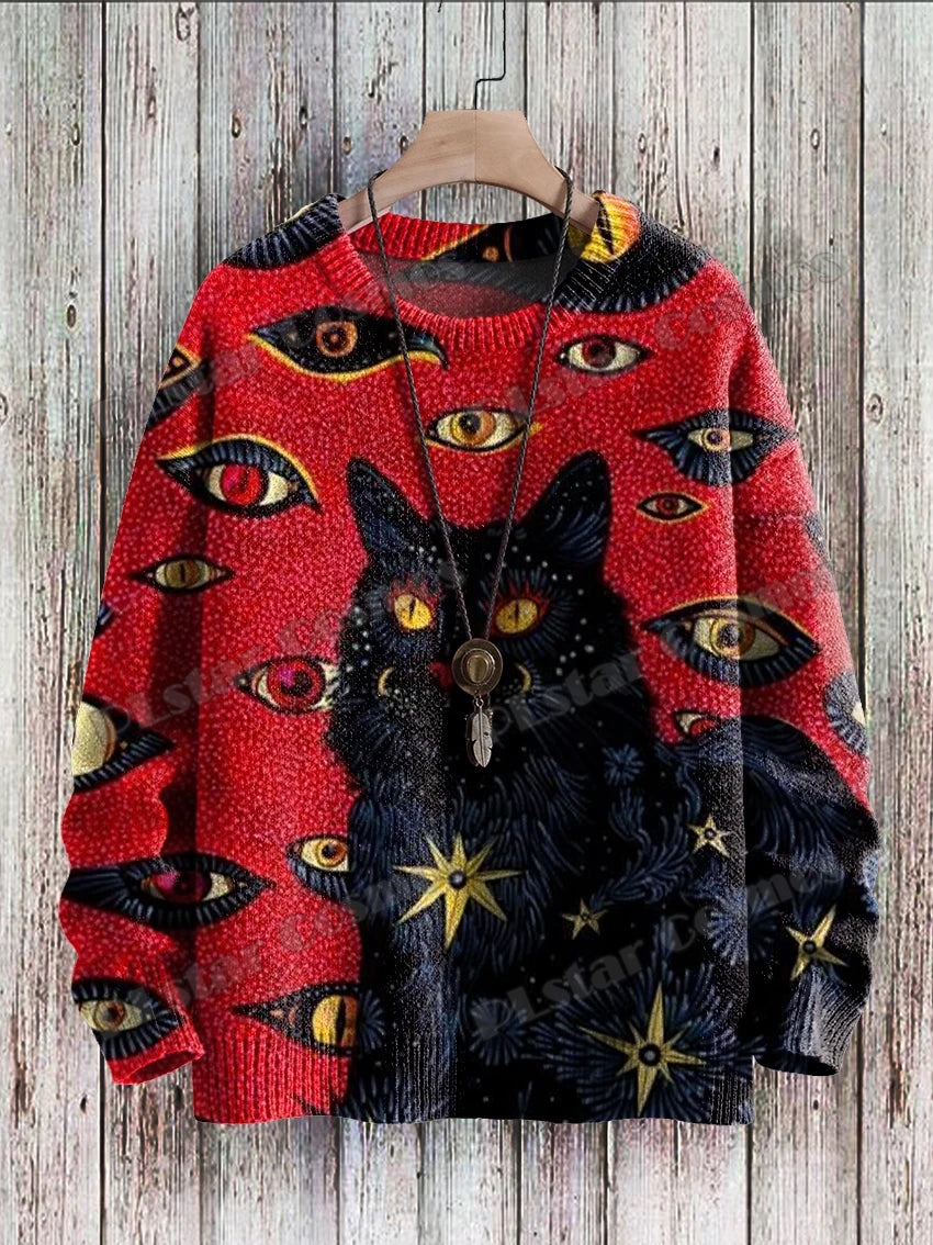 Men's Cat Print Crew Neck Long Sleeve Sweater