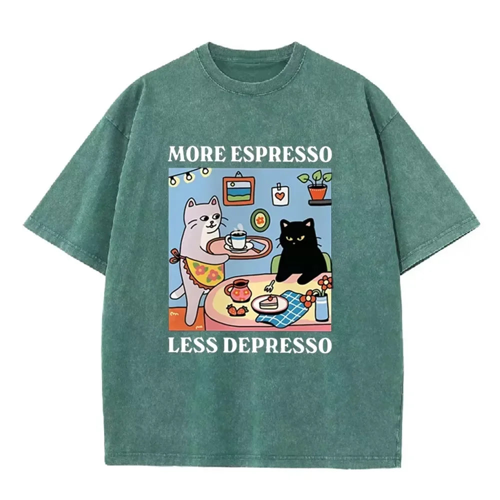 Vintage Black Cat Coffee T Shirt More Espresso Less Depresso Graphic Acid Wash Tee