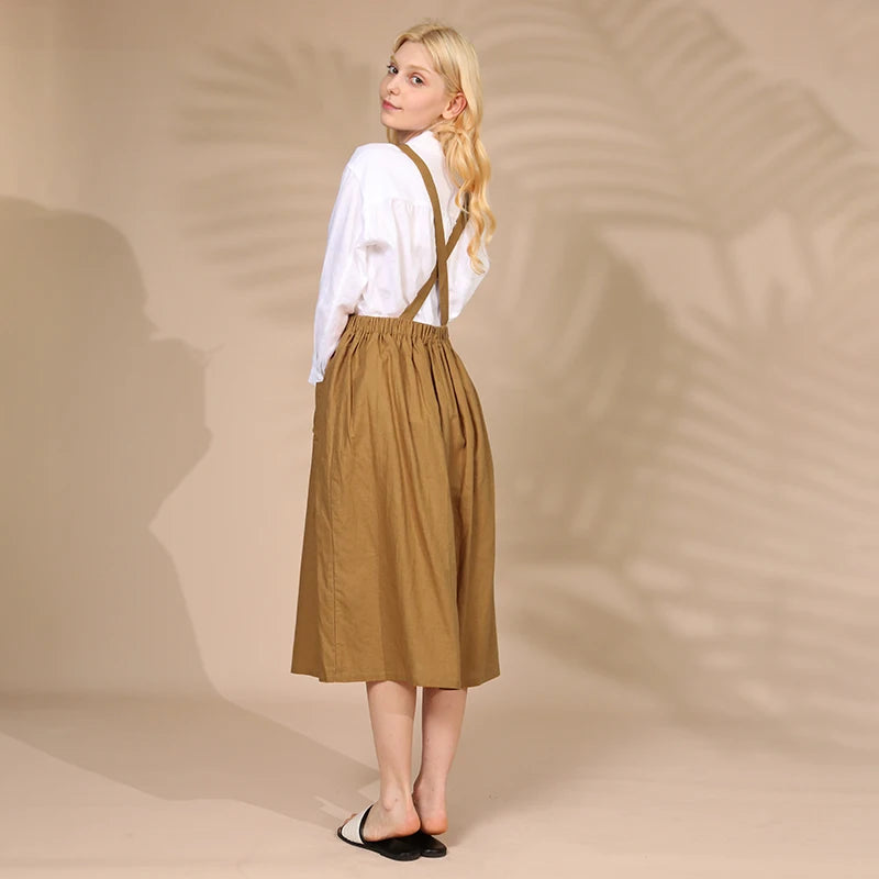 Women's Cotton-Linen Sleeveless Square-Neck A-Line Midi Dress with Pockets for Casual Outfits