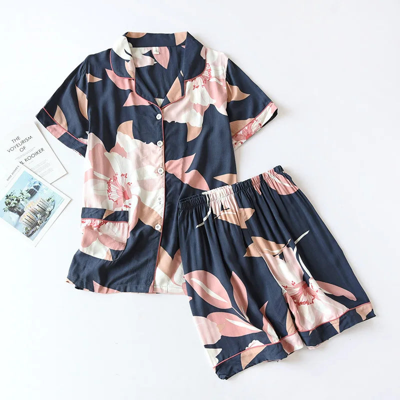 Women's Printed Button Front Pajama Set with Top and Pants