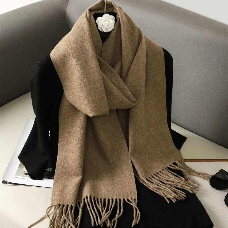 Solid Long Rectangular Scarf with Decorative Fringe Trim
