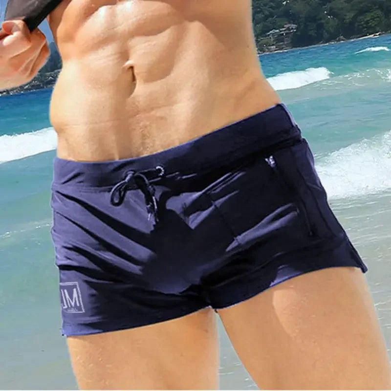 Men's Swimsuit Bottoms in Square-Leg Cut and Zipper Pocket for Beach and Pool Wear