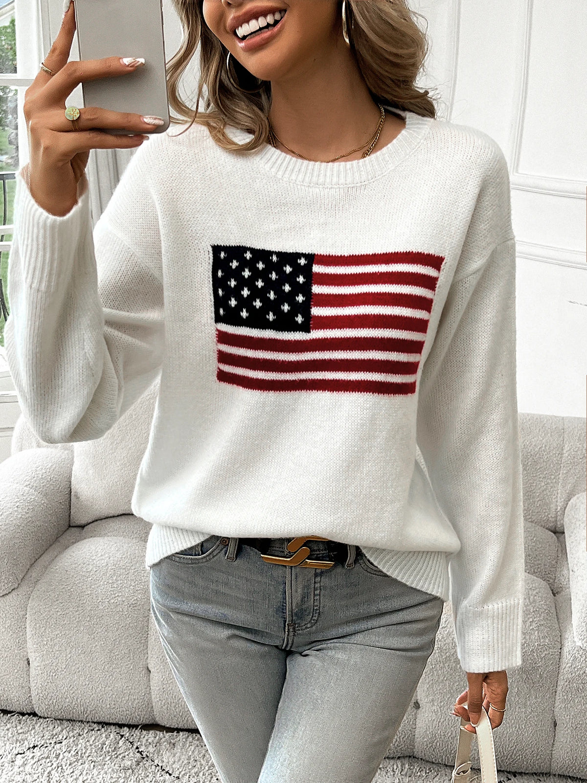 Women's Flag Graphic Crew Neck Sweater Casual Knit Layer