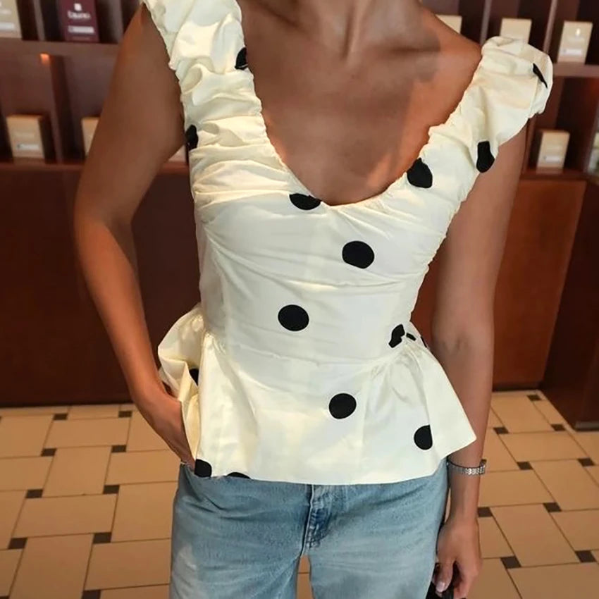 Women's Polka Dot Tank Top with Halter Neck and Ruffle Detailing