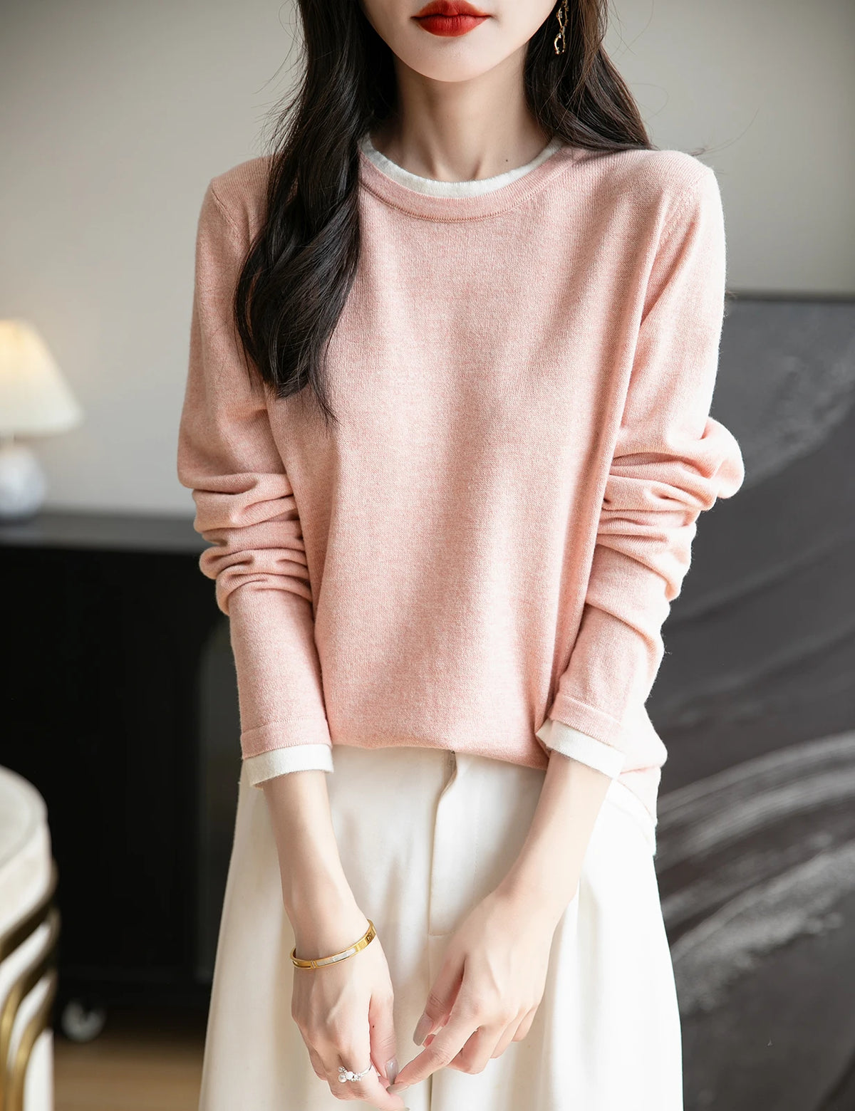 Women's Contrast Trim Crew Neck Sweater Casual Knit Layer