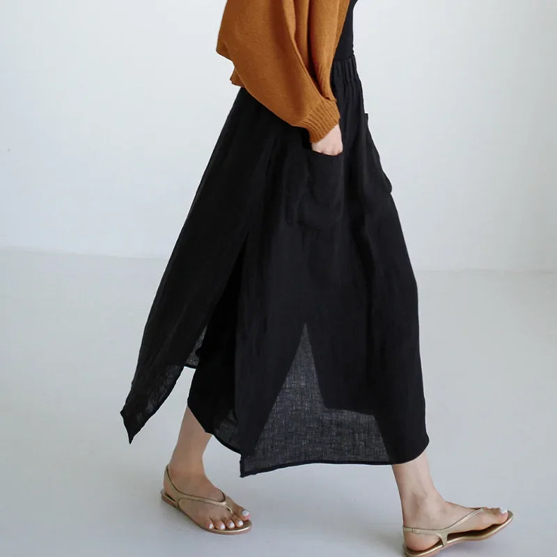 Women's Linen High-Waist Loose A-Line Midi Skirt with Patchwork Detail for Summer