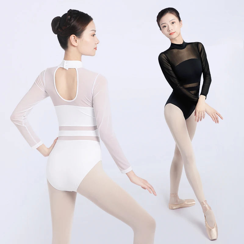Women's Long Sleeve Ballet Leotard with Mesh Waist and Open Back