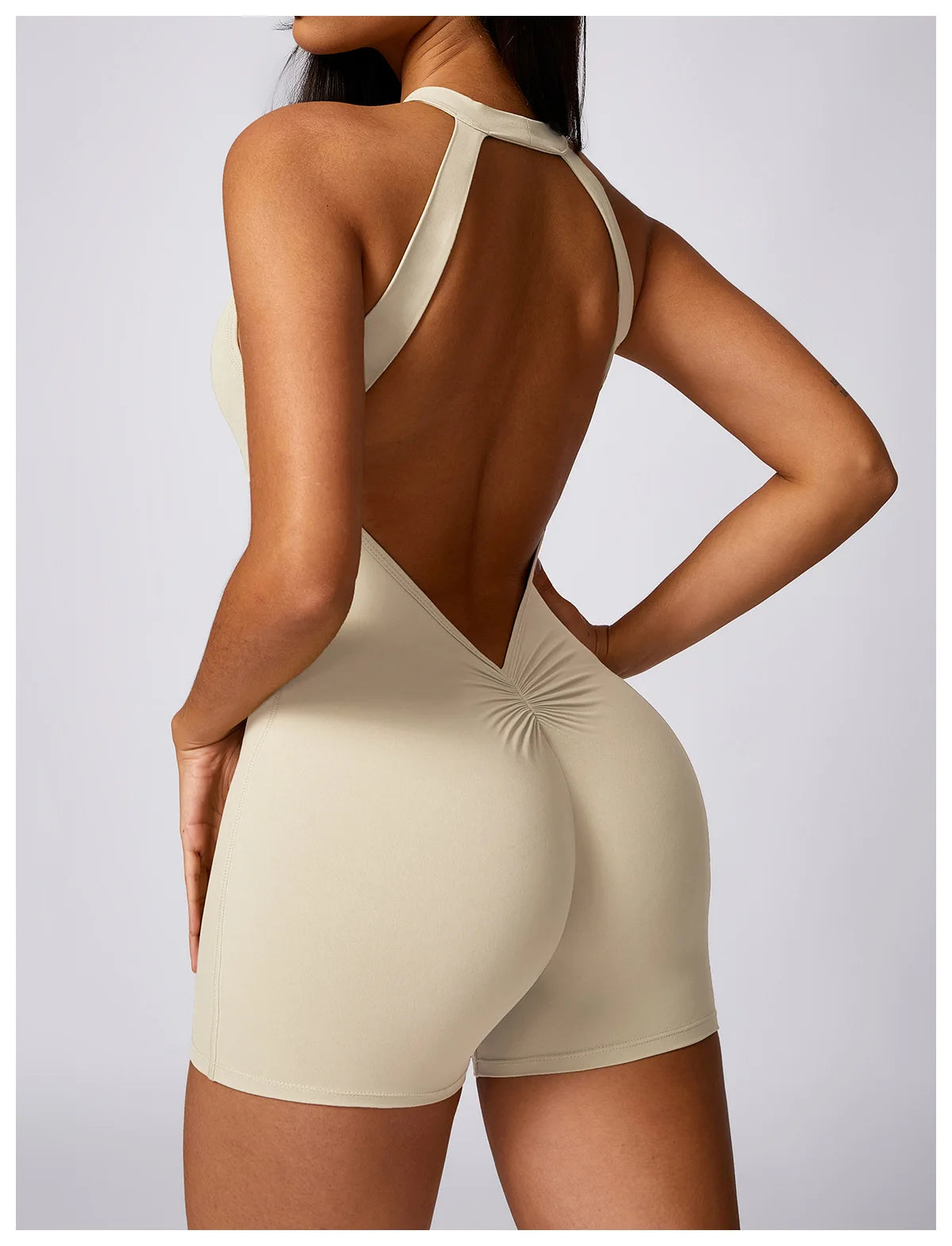 Women's High Neck Nylon Blend Romper with an Open Back