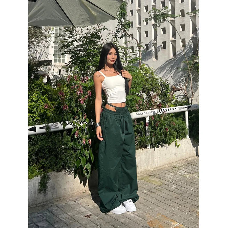 Women's Wide Leg Cargo Pants with Lace Up Waist Details