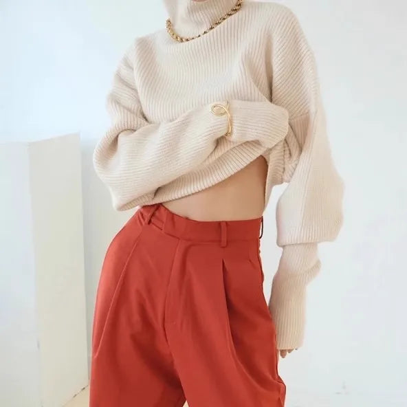 French retro high-neck pullover pure wool sweater women's short knitted base sweater waist-cinching and versatile top