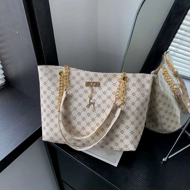 Patterned Tote Handbag with Chain Details and Shoulder Handles