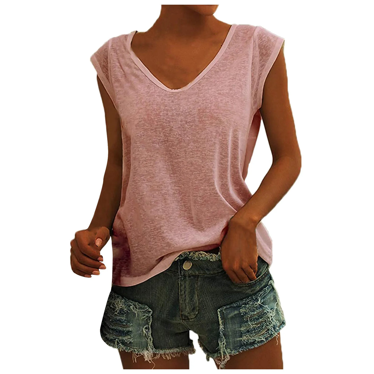 Women's Polyester Sleeveless V-Neck Tank Top with Slight Stretch for Summer Outfits