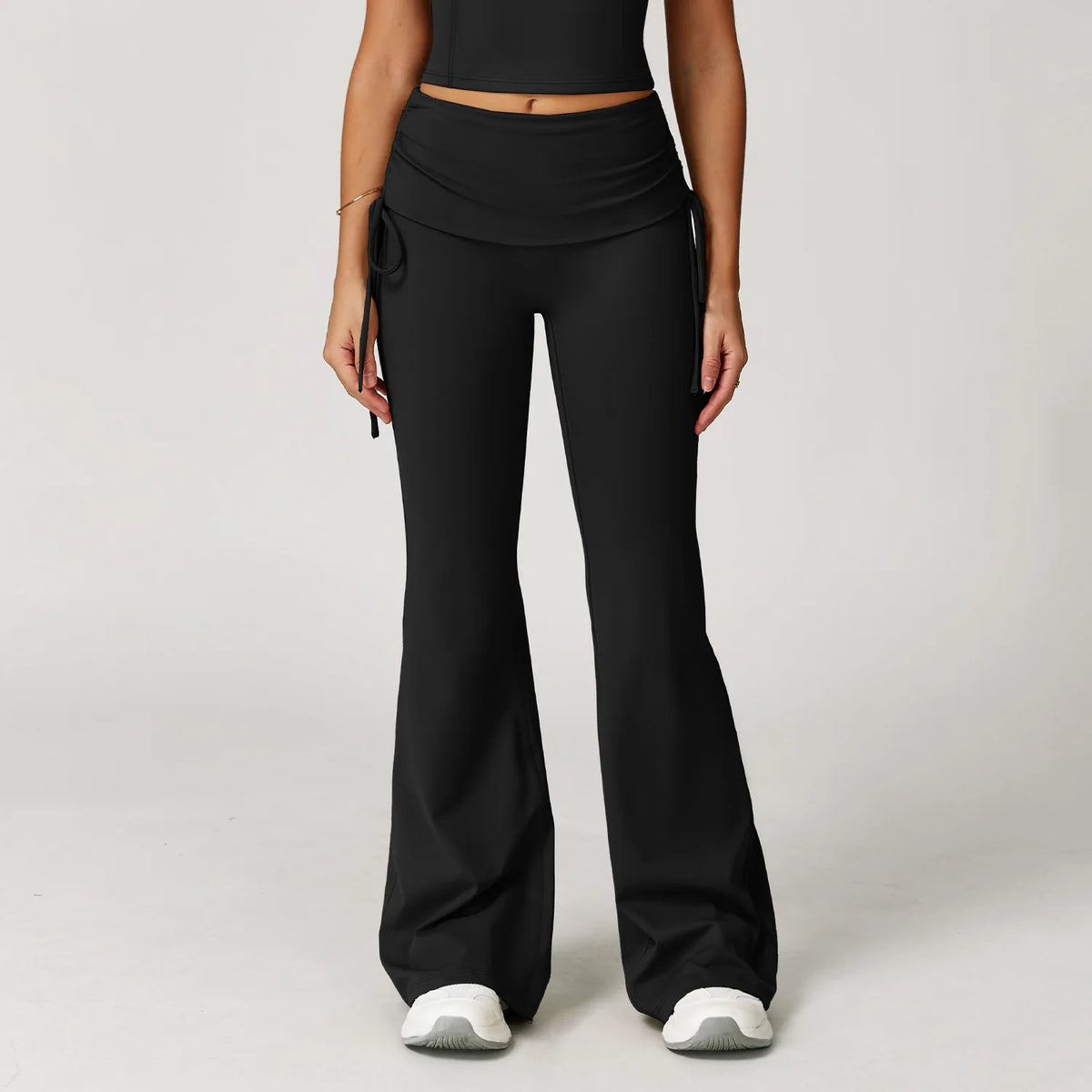 Women's Ruched Skirt Overlay Nylon Blend Flared Pants with Side Drawcords