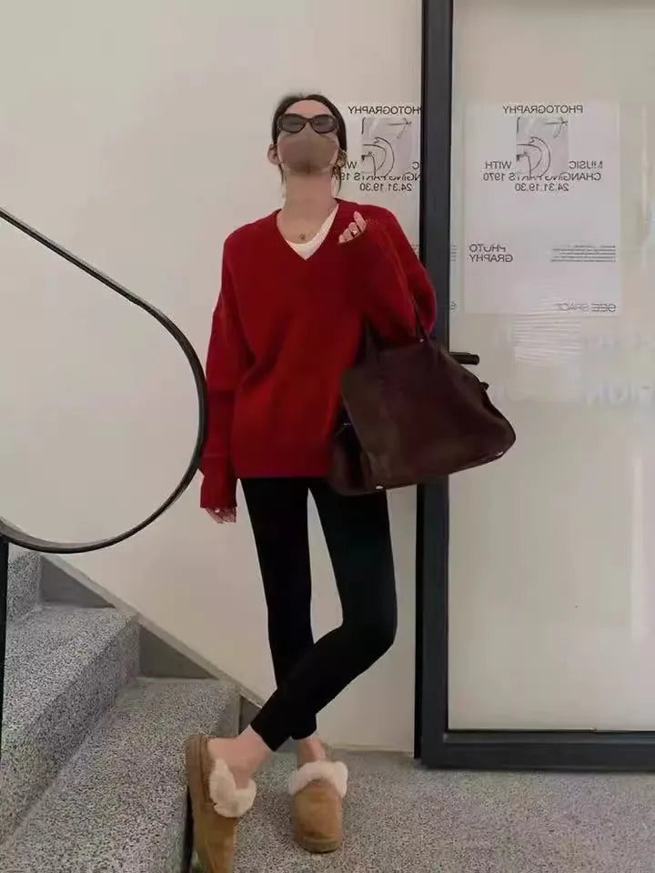 V-neck 100 pure wool sweater for women in autumn and winter, loose and thick sweater, long-sleeved knitted top